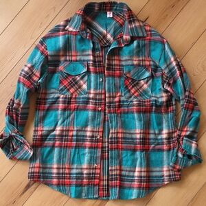Women's Teal and Red Plaid Button Down Shirt